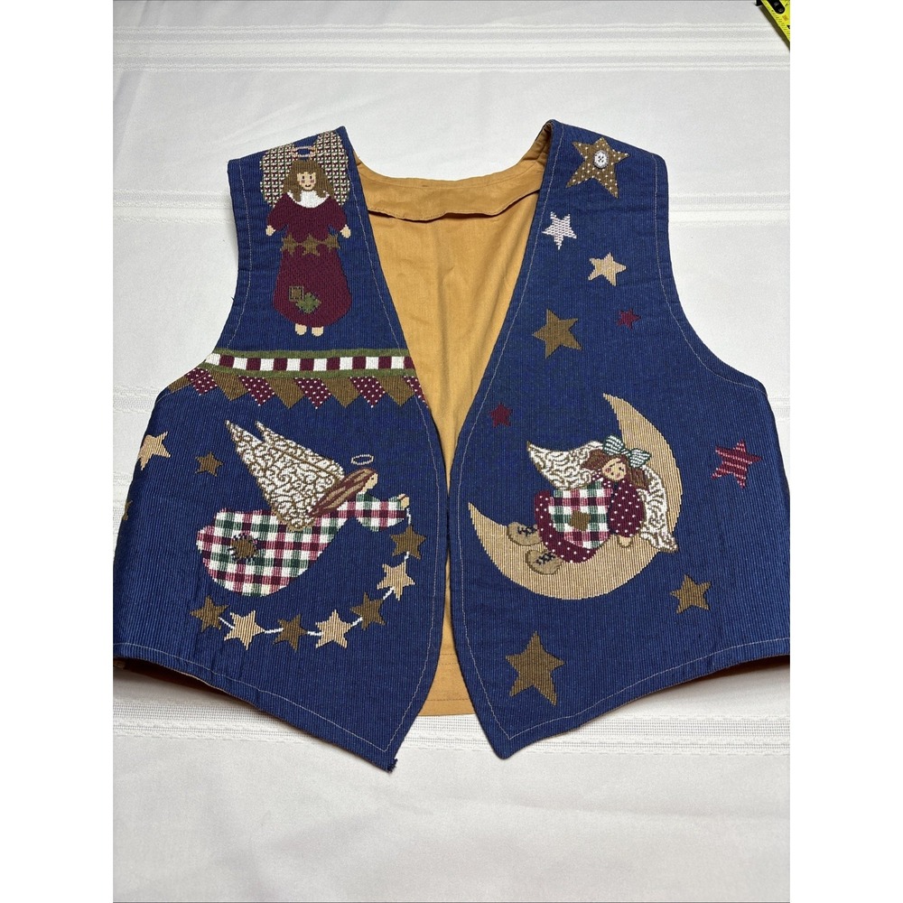 Vintage Homemade Grandmacore Cottagecore Angel Tapestry Vest Size XL W/Tie Back